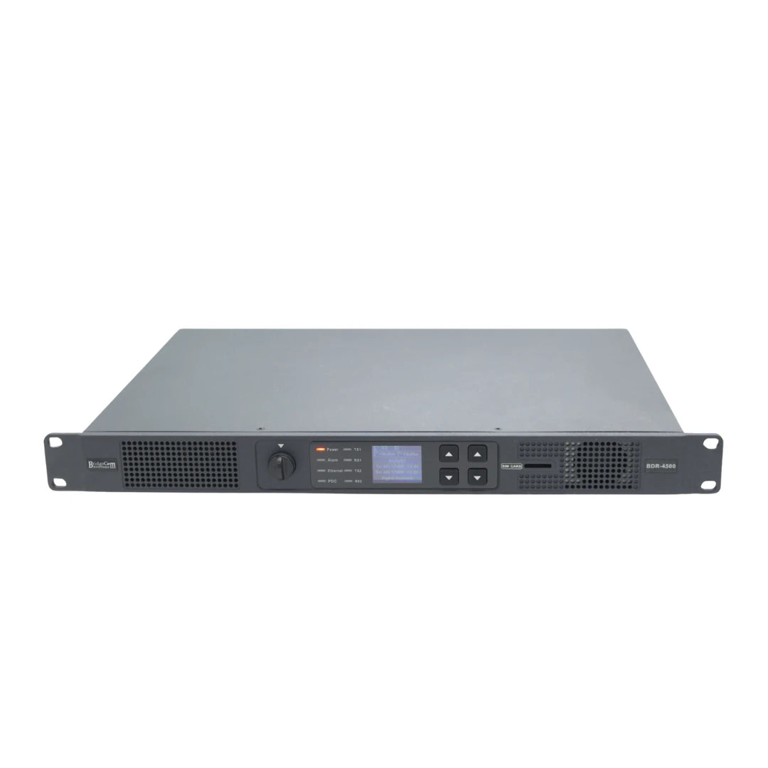 A black BridgeCom Systems radio repeater with a digital display, buttons, knobs, and indicator lights on the front panel, designed for rack mounting.