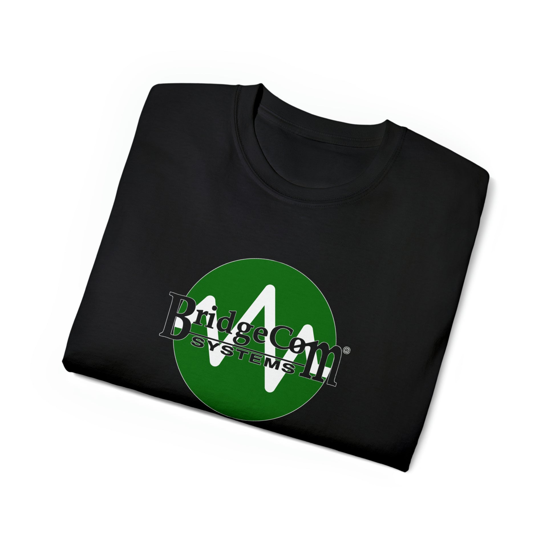 The neatly folded Unisex Ultra Cotton Tee features the logo of BridgeCom Systems, a popular name in amateur radio. The design includes a green circle with a white radio wave symbol and "BridgeCom SYSTEMS" text in black and green, all set against a crisp white background.