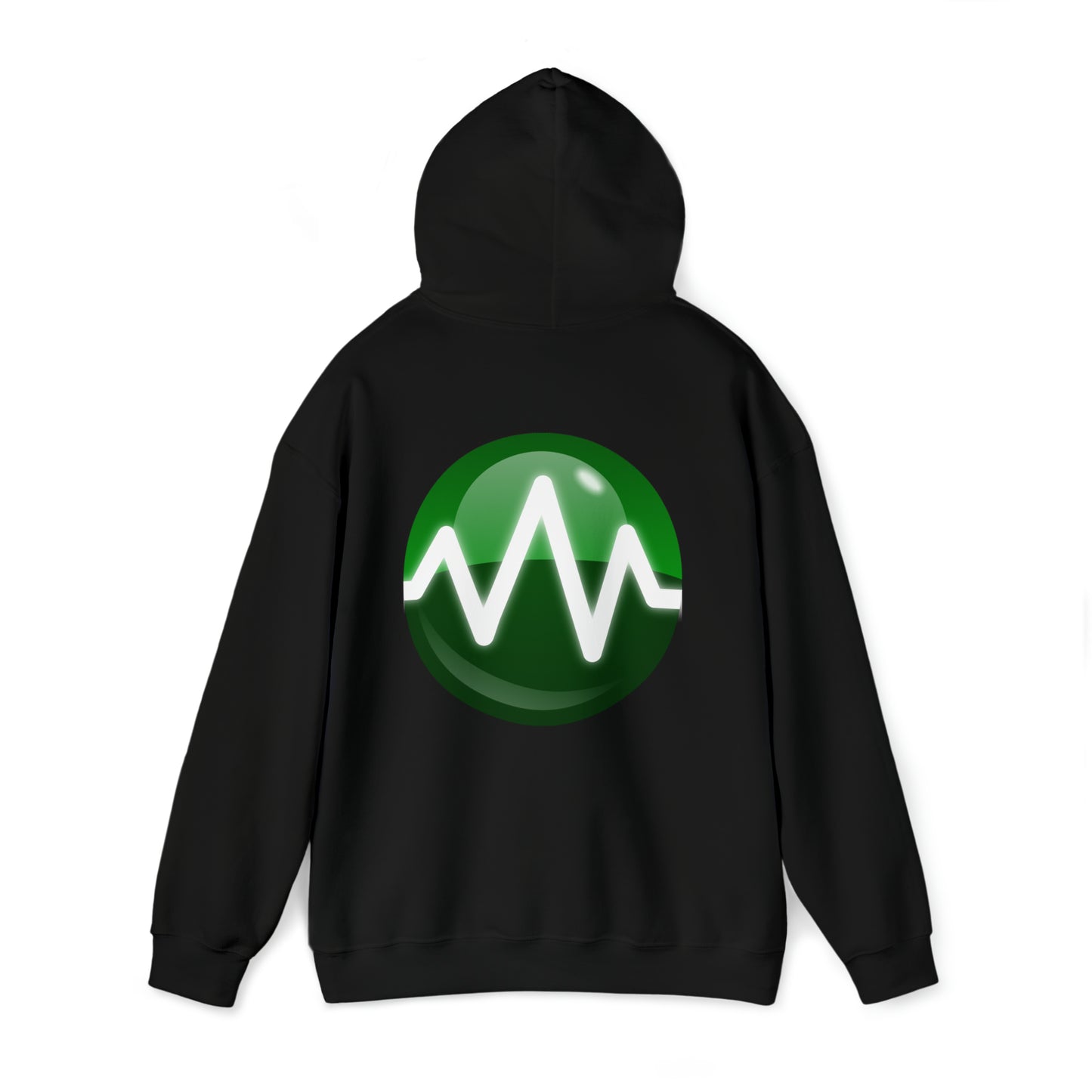 A black Unisex Heavy Blend™ Hooded Sweatshirt from BridgeCom Systems is displayed on a white background. Made from a 50/50 cotton-polyester blend, the back features a large circular green emblem with a white waveform design in the center. The hoodie has a hood and long sleeves, making it perfect for amateur radio enthusiasts.