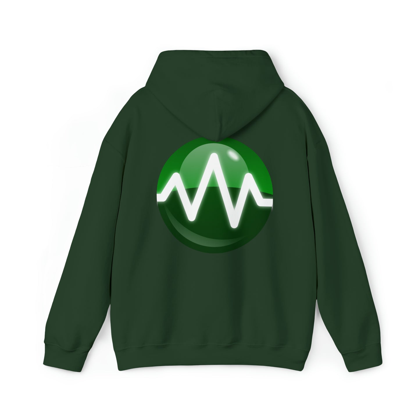 A dark green Unisex Heavy Blend™ Hooded Sweatshirt from BridgeCom Systems is showcased against a white background. The back of this 50/50 cotton-polyester blend hoodie features a large, circular graphic with a green gradient and a white zigzag line running horizontally through the center, resembling a waveform or heartbeat.