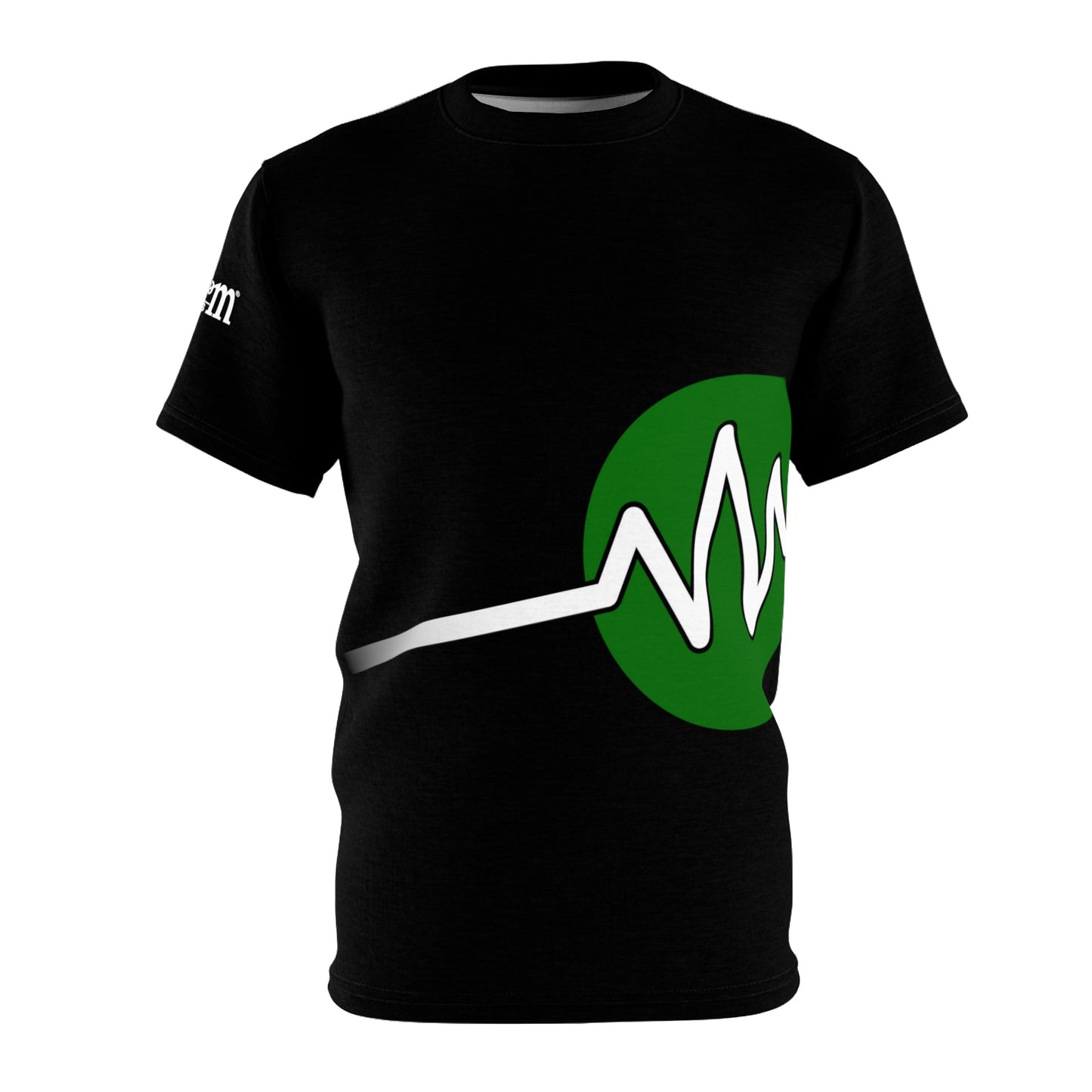 The BridgeCom Unisex Tee - Alternate Logo is a black T-shirt featuring a green circle with a white wavy line resembling an ECG reading, perfect for amateur radio operators. This shirt has short sleeves and a round neckline, making it ideal for casual wear or representing BridgeCom Systems.