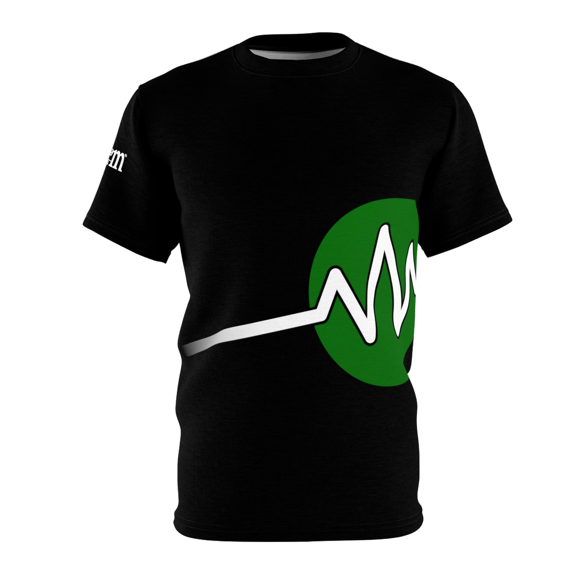 The BridgeCom Unisex Tee - Alternate Logo is a black T-shirt featuring a green circle with a white wavy line resembling an ECG reading, perfect for amateur radio operators. This shirt has short sleeves and a round neckline, making it ideal for casual wear or representing BridgeCom Systems.