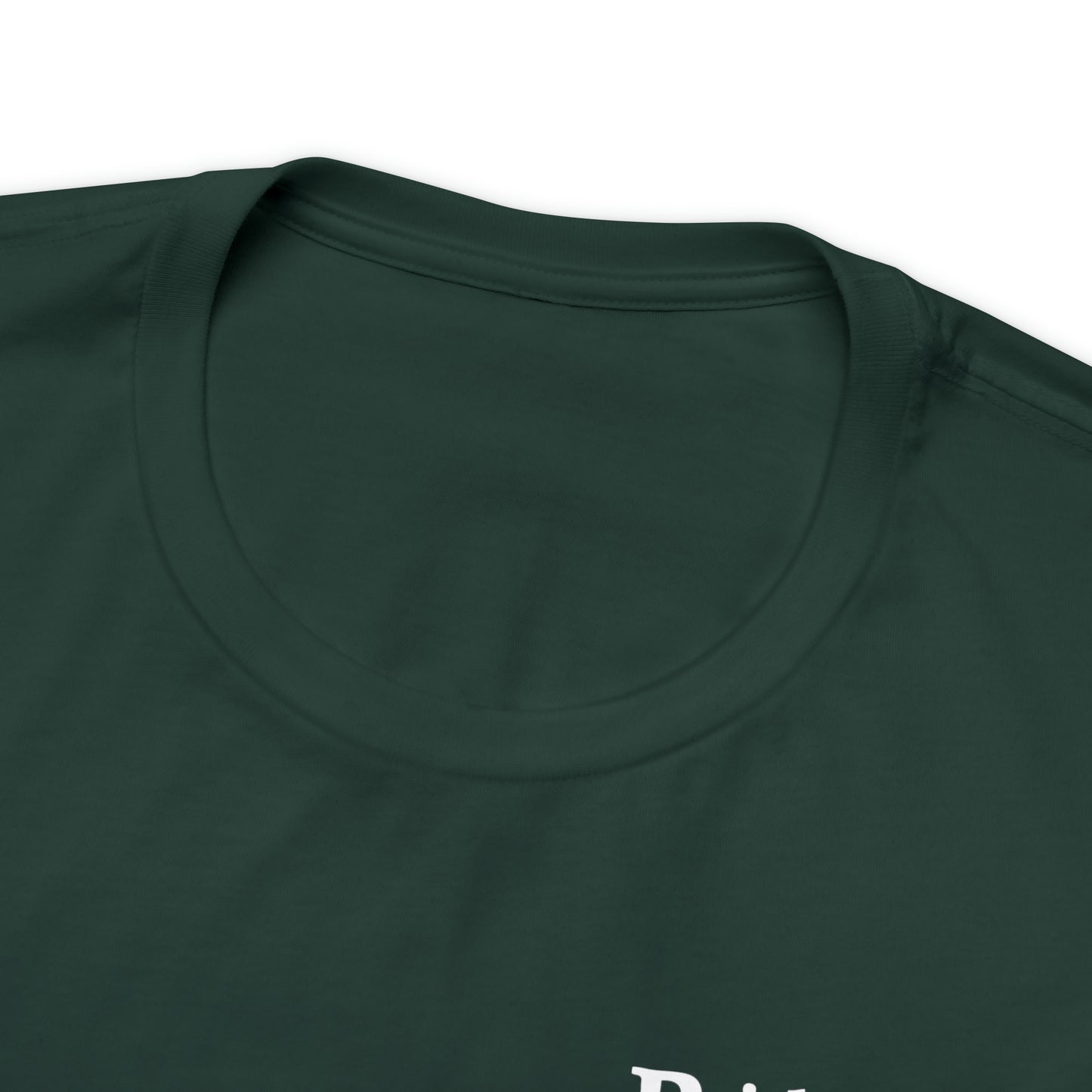 Close-up of the neckline of a dark green Short Sleeve Tee - Small Logo. The fabric appears soft and smooth, likely made from Airlume cotton, with no visible designs or logos around the collar. The photo highlights the stitching and texture of the material.