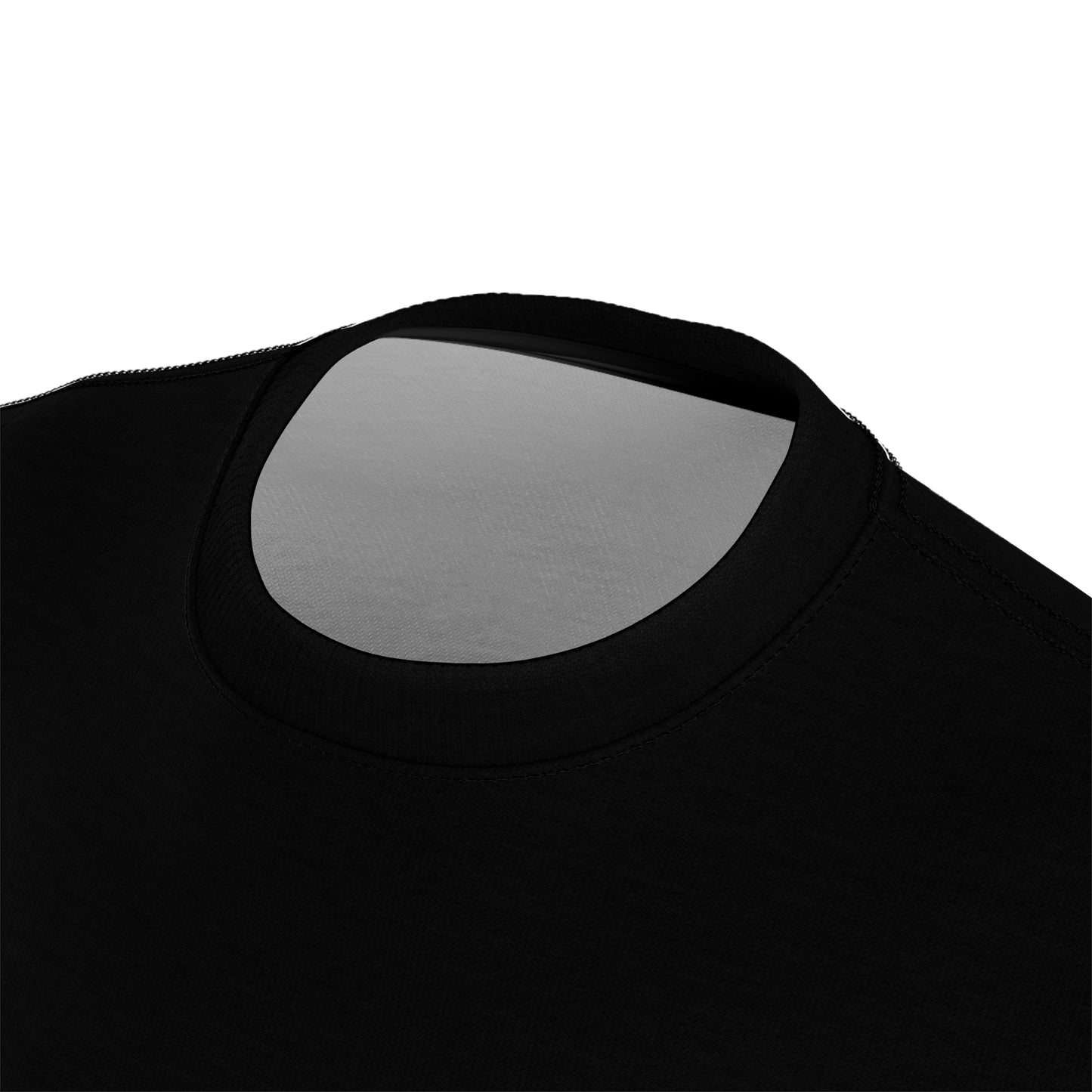 Close-up of the neck area of a plain black BridgeCom Unisex Tee - Alternate Logo, showing the collar and part of the chest and shoulder sections. The fabric appears smooth with visible stitching around the collar. An unobtrusive white background ensures the focus remains on this stylish choice perfect for amateur radio operators.