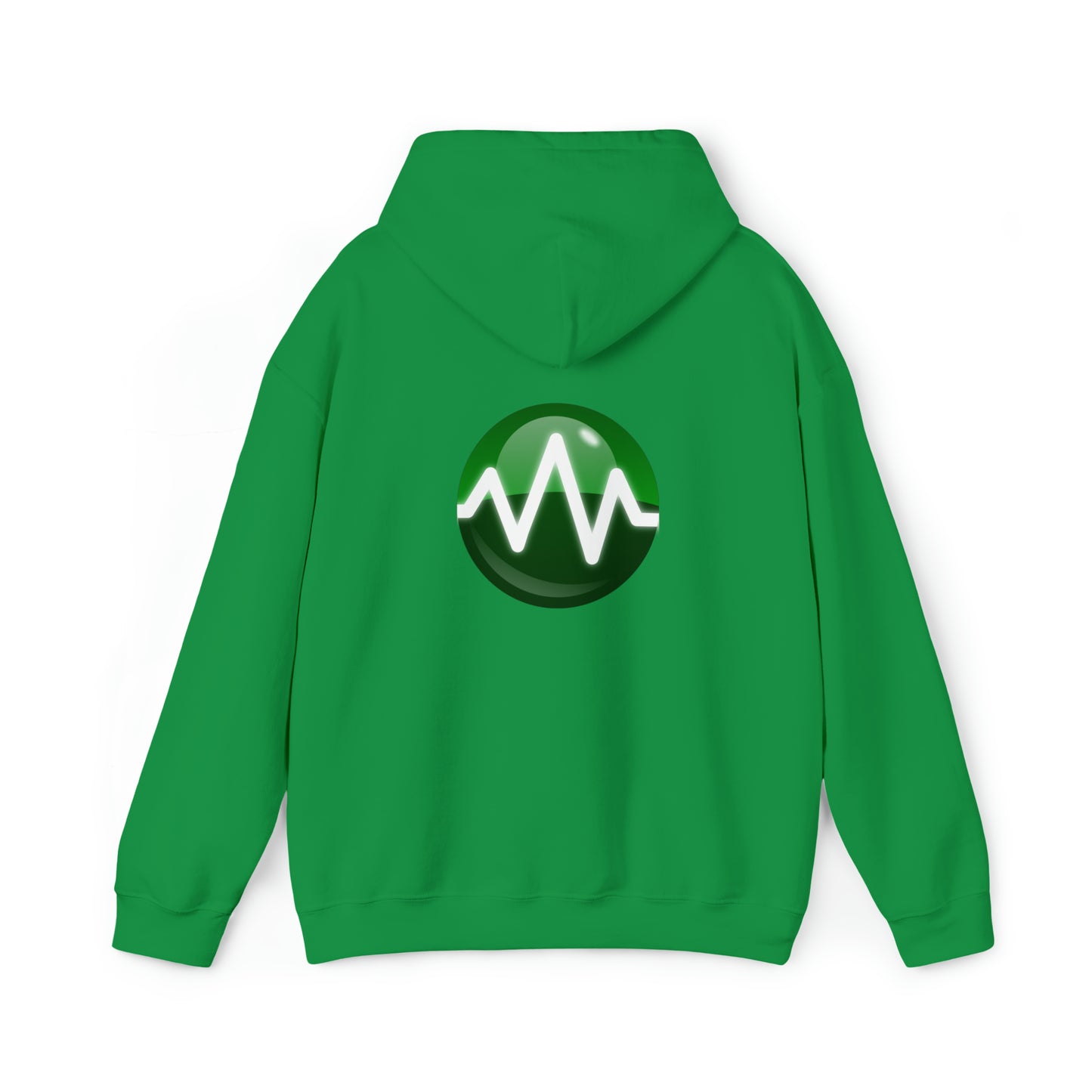 A green Unisex Heavy Blend™ Hooded Sweatshirt from BridgeCom Systems is displayed with the back facing forward. It features a circular emblem in the center, showcasing a green and black background with a white sinusoidal wave design. Made from a 50/50 cotton-polyester blend, it’s perfect for any amateur radio enthusiast.