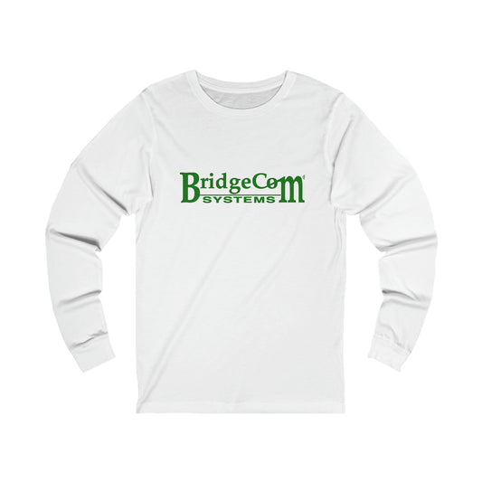 The Unisex BridgeCom Long Sleeve Tee is a white t-shirt featuring the words "BridgeCom Systems" in green across the chest, perfect for amateur radio enthusiasts.