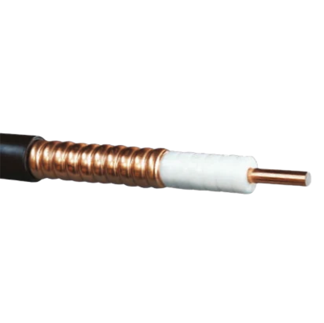 Close-up of 170' 1/2" Heliax Hardline coaxial cable with black jacket, copper shielding, white insulation, and central copper conductor—perfect for radio systems using N Type connectors.