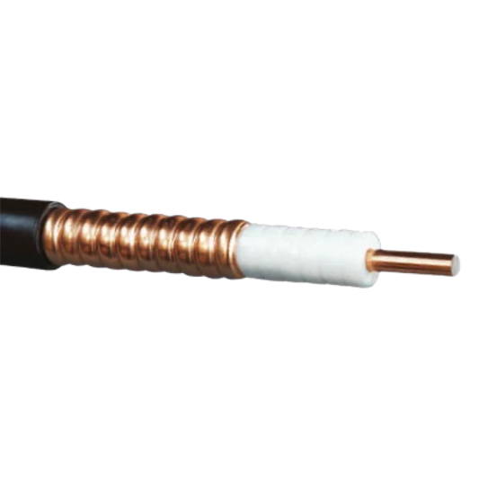 Close-up of 170' 1/2" Heliax Hardline coaxial cable with black jacket, copper shielding, white insulation, and central copper conductor—perfect for radio systems using N Type connectors.