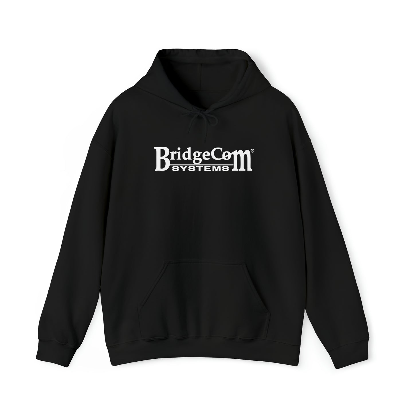 Introducing the Unisex Heavy Blend™ Hooded Sweatshirt from BridgeCom Systems. This black sweatshirt features the BridgeCom logo printed in white across the chest, offering a sleek and stylish look. Made from a comfortable 50/50 cotton-polyester blend, it comes with front pockets and adjustable drawstrings on the hood. Ideal for amateur radio enthusiasts, this hoodie combines practicality with flair.