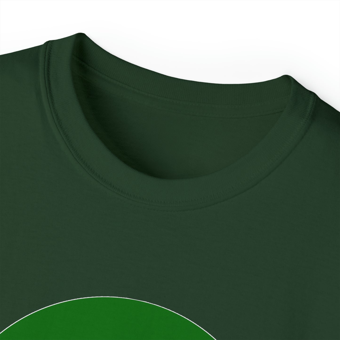 Close-up of a dark green Unisex Ultra Cotton Tee collar viewed from above. The fabric appears smooth, and the shirt's upper neckline and a portion of a circular green graphic on the chest are visible. The background is white.