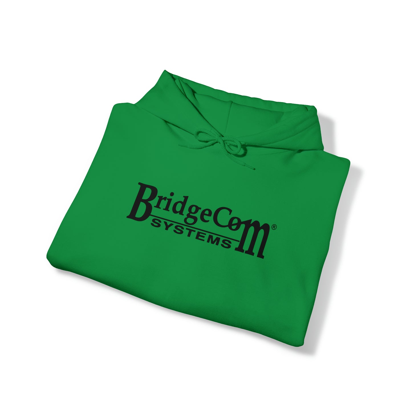 The Unisex Heavy Blend™ Hooded Sweatshirt from BridgeCom Systems is green, crafted from a 50/50 cotton-polyester blend, and features the logo printed in black on the front. It is neatly folded with the hood strings visible on top, and its crisp design stands out against the white background, making it perfect for amateur radio enthusiasts.