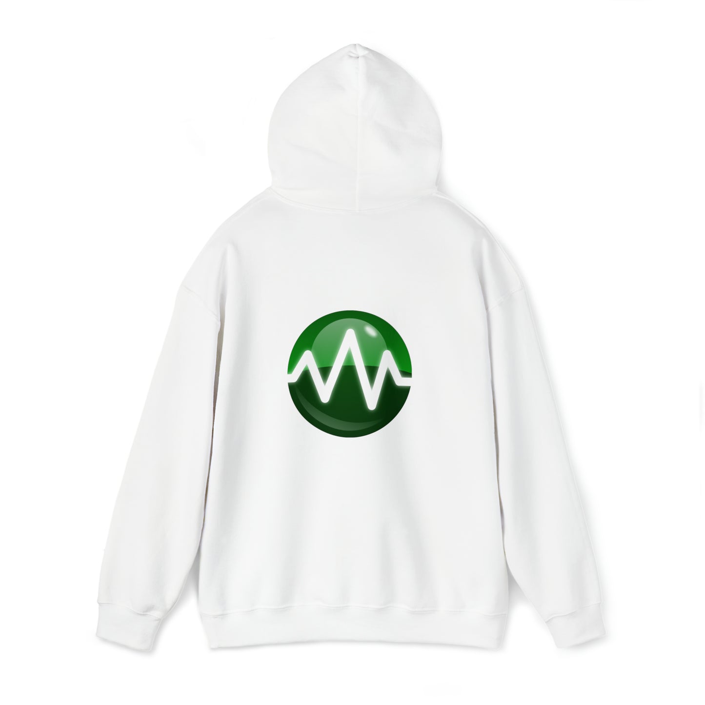 A white Unisex Heavy Blend™ Hooded Sweatshirt featuring a green circular logo on the back. The logo showcases a white waveform line inside the circle, offering a modern, minimalist design. Made from a 50/50 cotton-polyester blend, this BridgeCom Systems Sweatshirt is ideal for amateur radio enthusiasts.