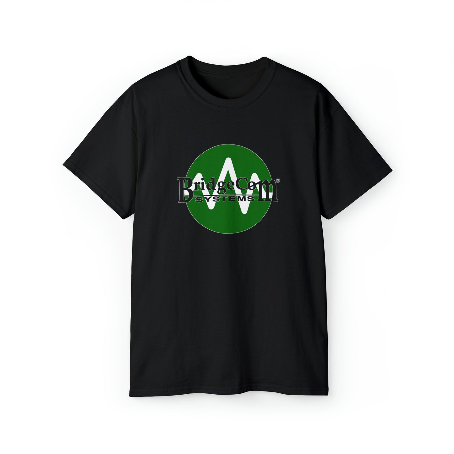 A black Unisex Ultra Cotton Tee featuring a large green circular logo in the center. The logo proudly displays "BridgeCom Systems" with a prominent white letter "A" in the middle of the circle. Ideal for amateur radio enthusiasts, this Wave Logo T-Shirt perfectly blends style and hobby.