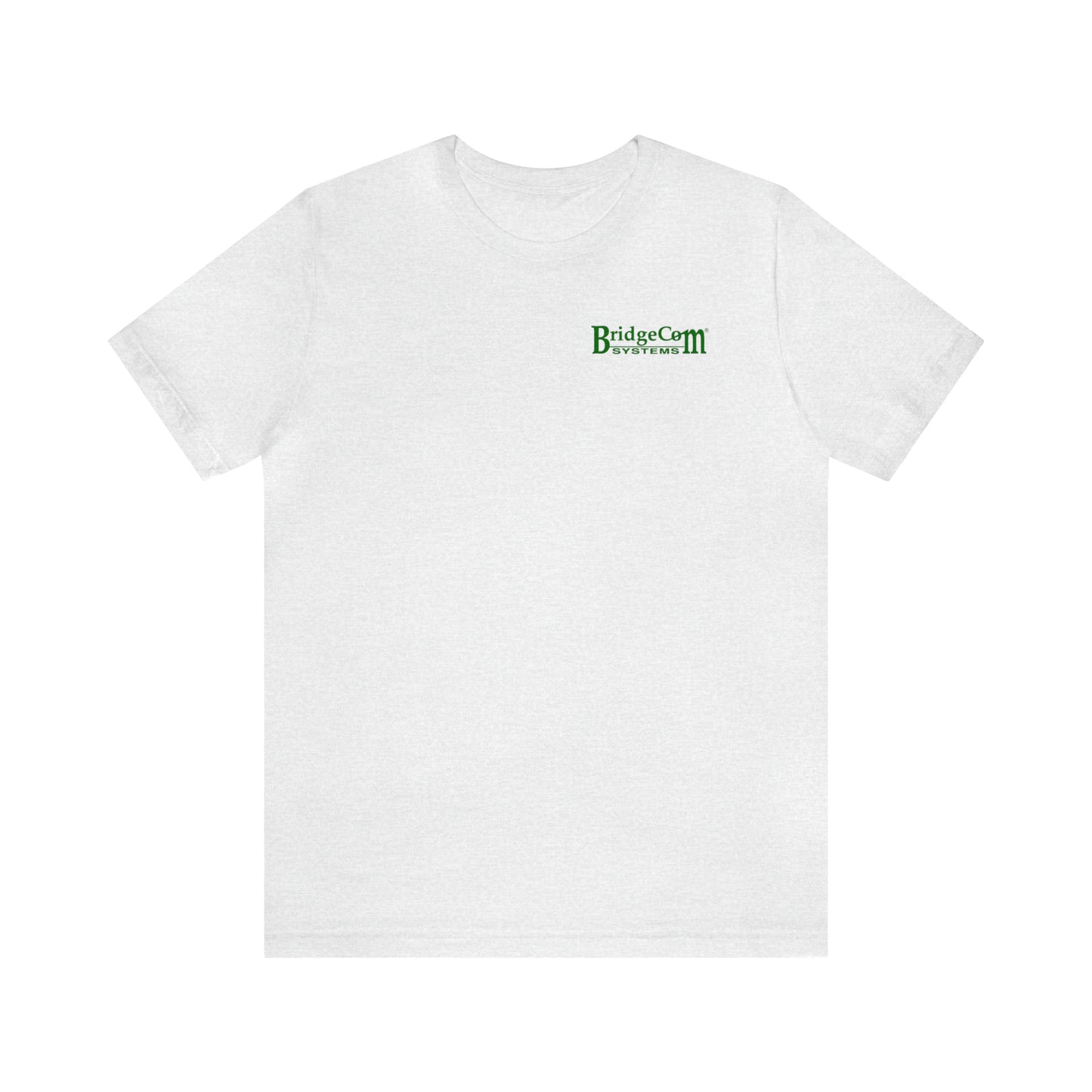 The "Short Sleeve Tee - Small Logo" is a plain white T-shirt made from Airlume combed cotton, featuring a simple and minimalistic design with a small green and black BridgeCom Systems logo on the upper left chest area, accompanied by the text "BridgeCom University.