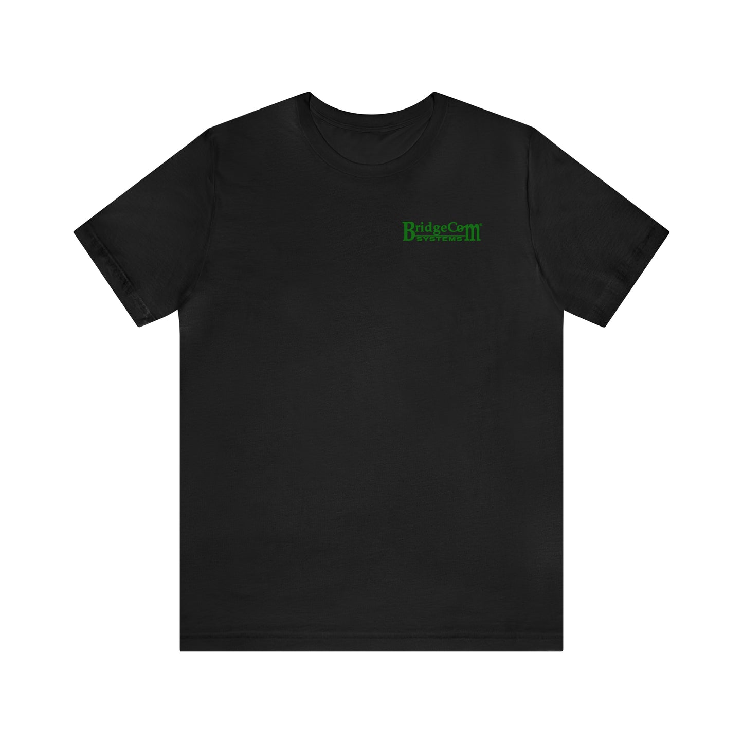 The Short Sleeve Tee - Small Logo is a black T-shirt showcasing a small green BridgeCom Systems logo on the upper left chest, with the text "BridgeCom Systems III." Made from soft Airlume combed cotton, this shirt features a classic crewneck design and offers a simple, clean look ideal for effortlessly conveying your style.