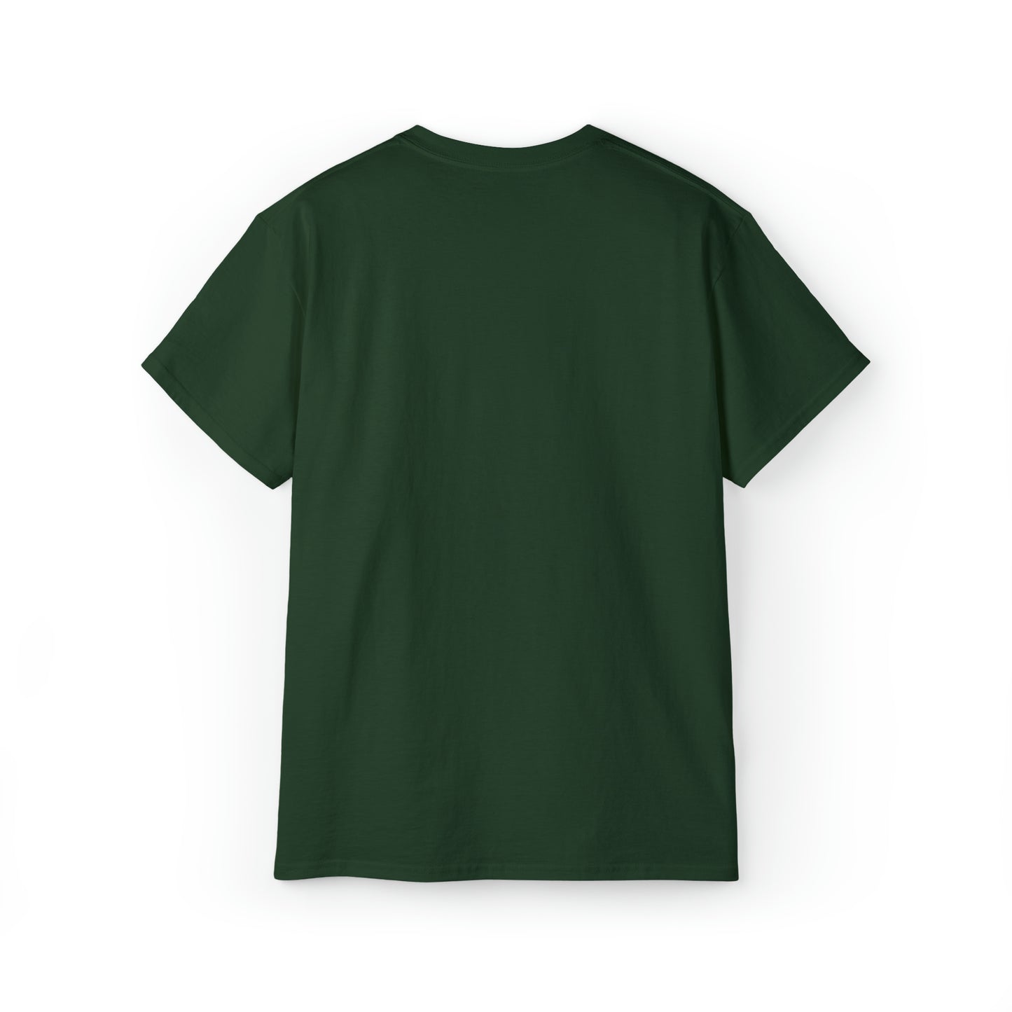 Back view of a plain, dark green Unisex Ultra Cotton Tee with short sleeves. The shirt is displayed against a white background, emphasizing its simple and minimalist design.
