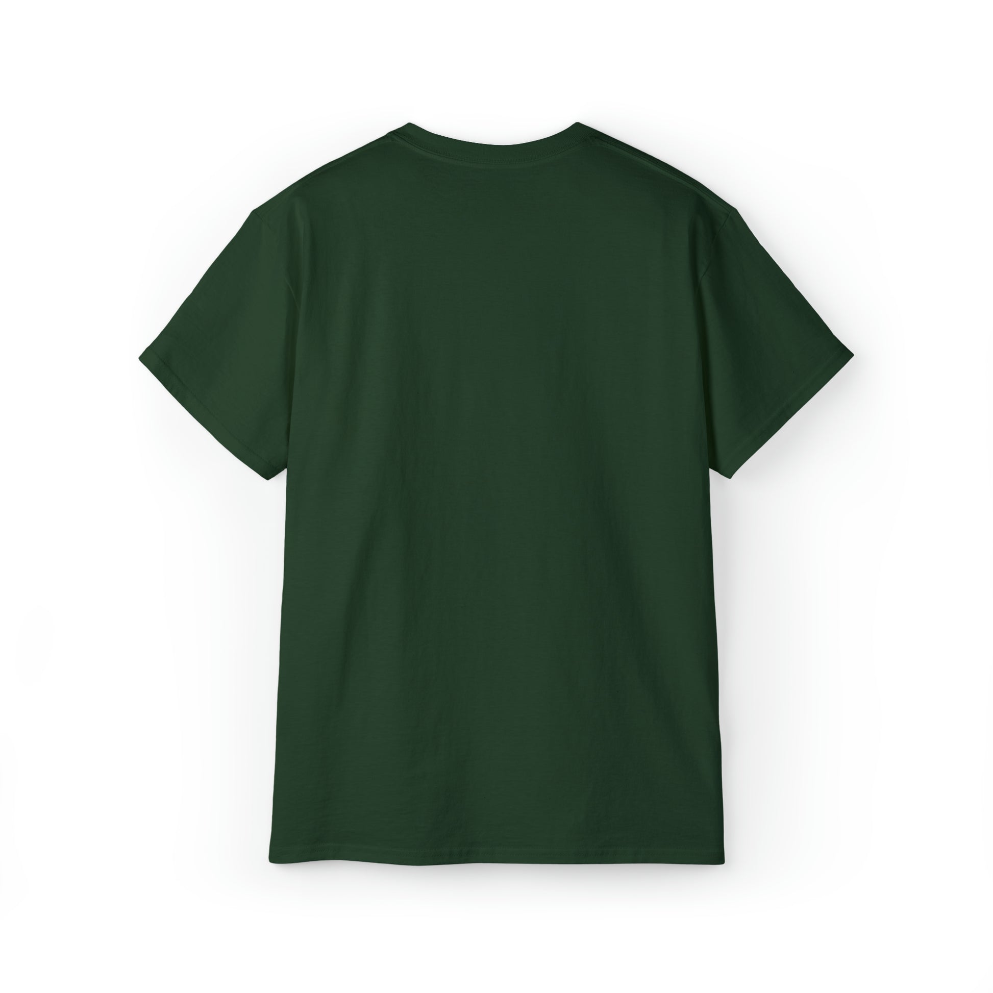 Back view of a plain, dark green Unisex Ultra Cotton Tee with short sleeves. The shirt is displayed against a white background, emphasizing its simple and minimalist design.