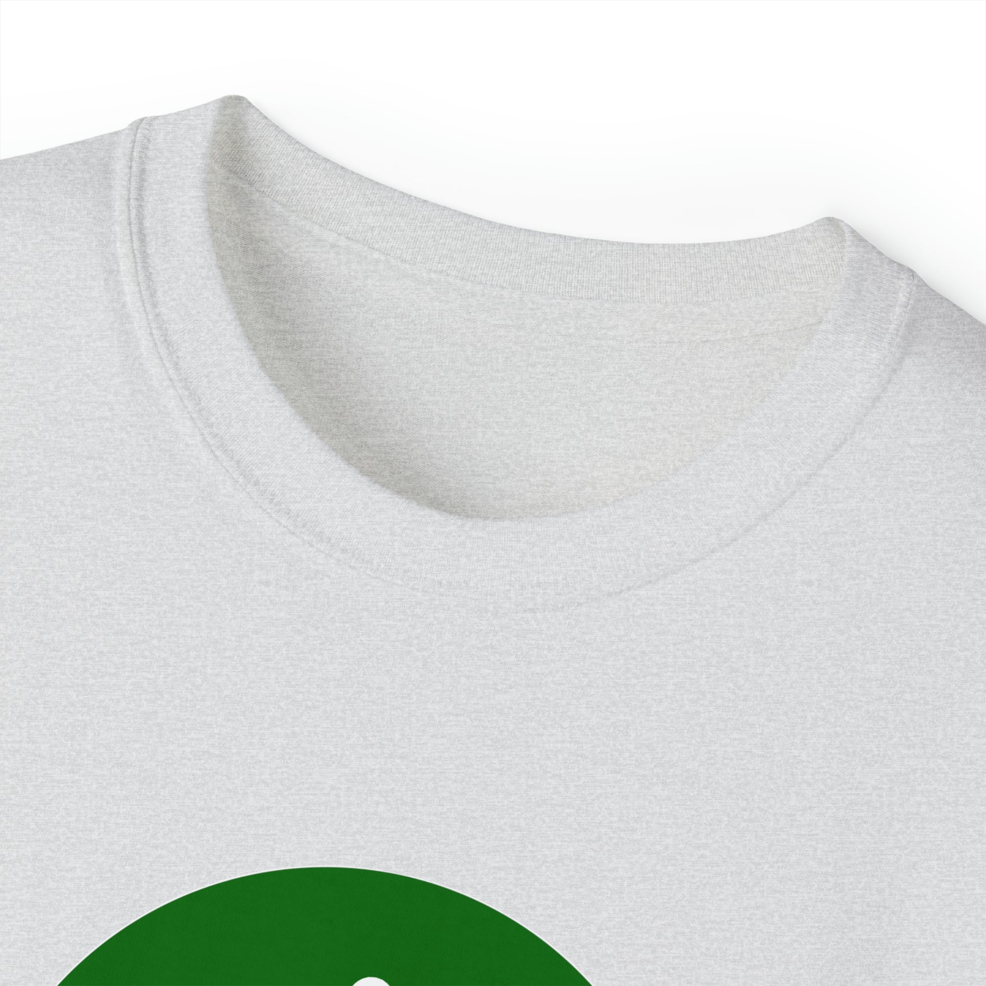 A close-up image of the Unisex Ultra Cotton Tee by BridgeCom Systems, showcasing a portion of the green circular Wave Logo near the center. The T-shirt is presented on a plain white background, highlighting the neckline and upper chest area. Ideal for amateur radio enthusiasts!