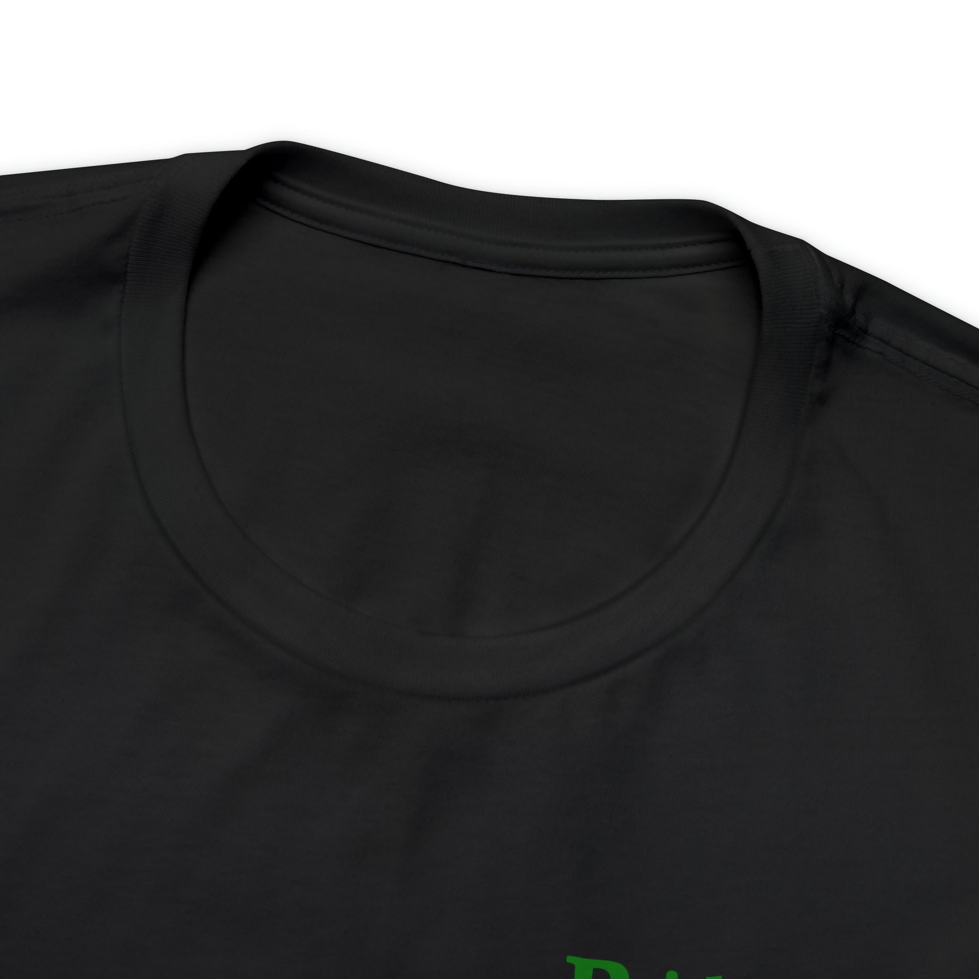 Close-up of the upper part of a "Short Sleeve Tee - Small Logo," showcasing the collar and part of the chest area. The fabric, which is made from 100% Airlume cotton, appears smooth with no visible patterns or designs.