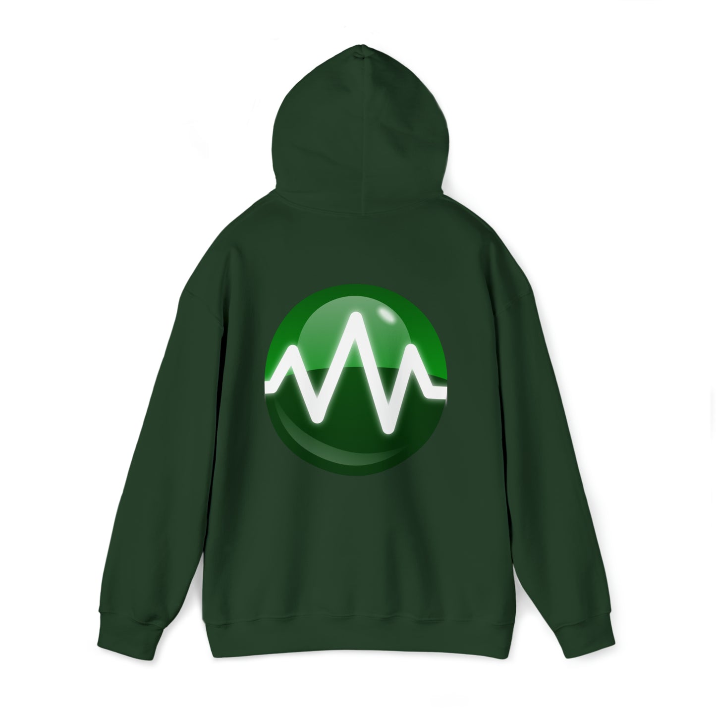 The Unisex Heavy Blend™ Hooded Sweatshirt, in dark green, is made from a 50/50 cotton-polyester blend and is displayed with its back facing the viewer. The back of the sweatshirt features a green circular emblem with a white waveform design inside it. Apart from the emblem, the sweatshirt remains plain and is set against a white background, making it ideal for amateur radio enthusiasts.