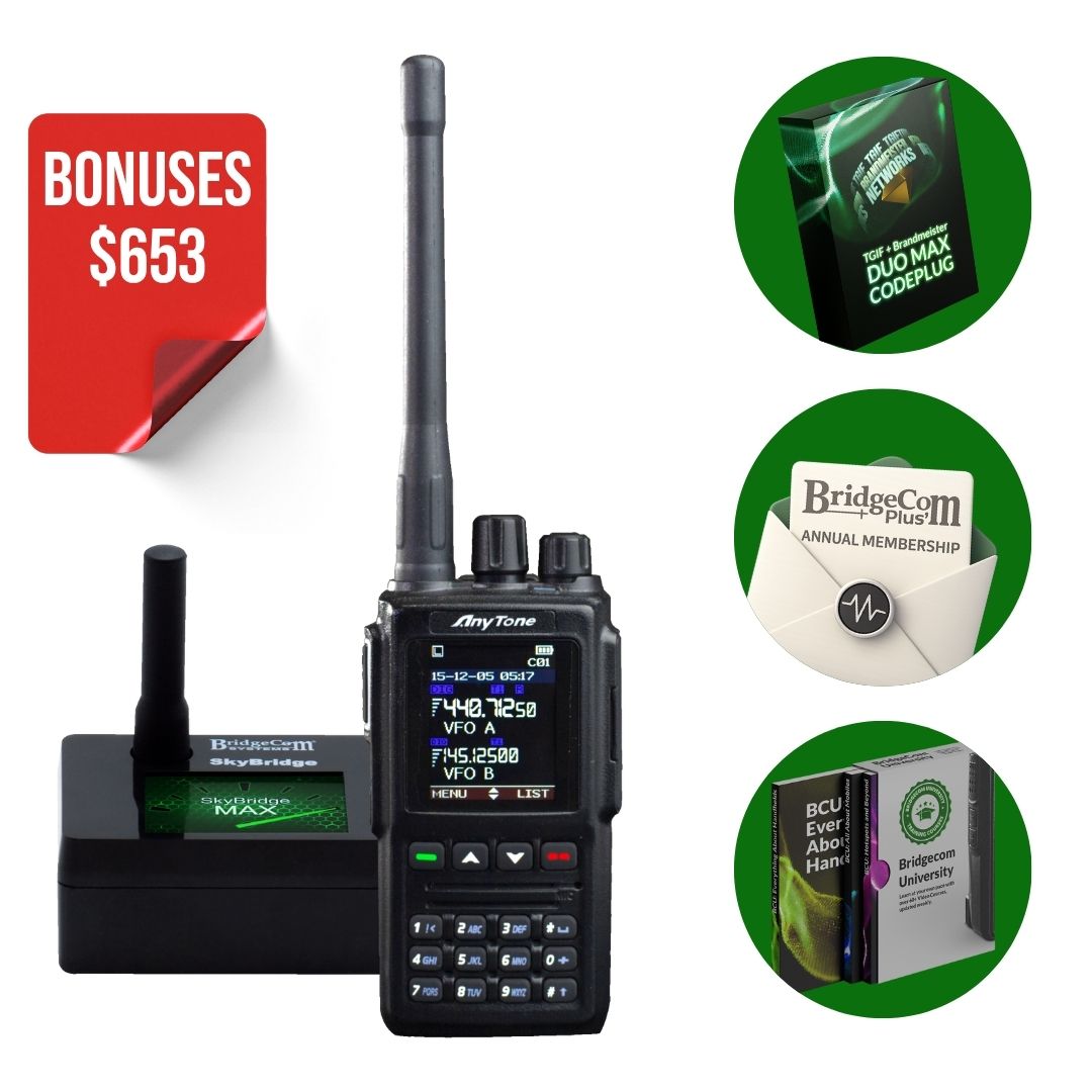 Promotional image of the AnyTone AT-D168UV Plug and Play Package with charging dock, plus Ultra Codeplug, BridgeCom Plus (1 year), and BridgeCom University course. Red corner banner says "SAVE $653.