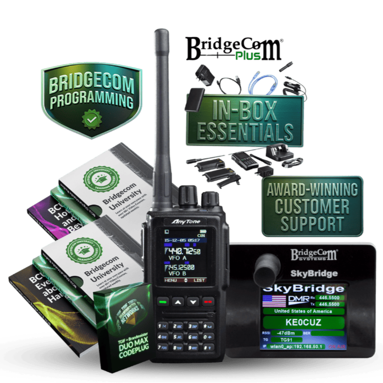 The AT-D168UV Plug and Play Package handheld radio and essential items. The display highlights digital hotspot features and branded services.