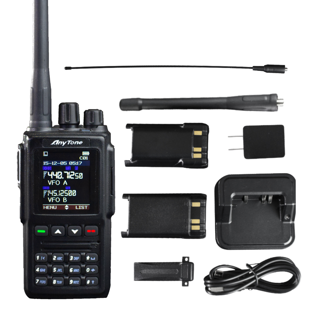 The Anytone AT-D168UV handheld DMR radio is shown with two battery packs, two antennas, a charging dock, power adapter, belt clip, and USB cable, all neatly arranged on a white background.