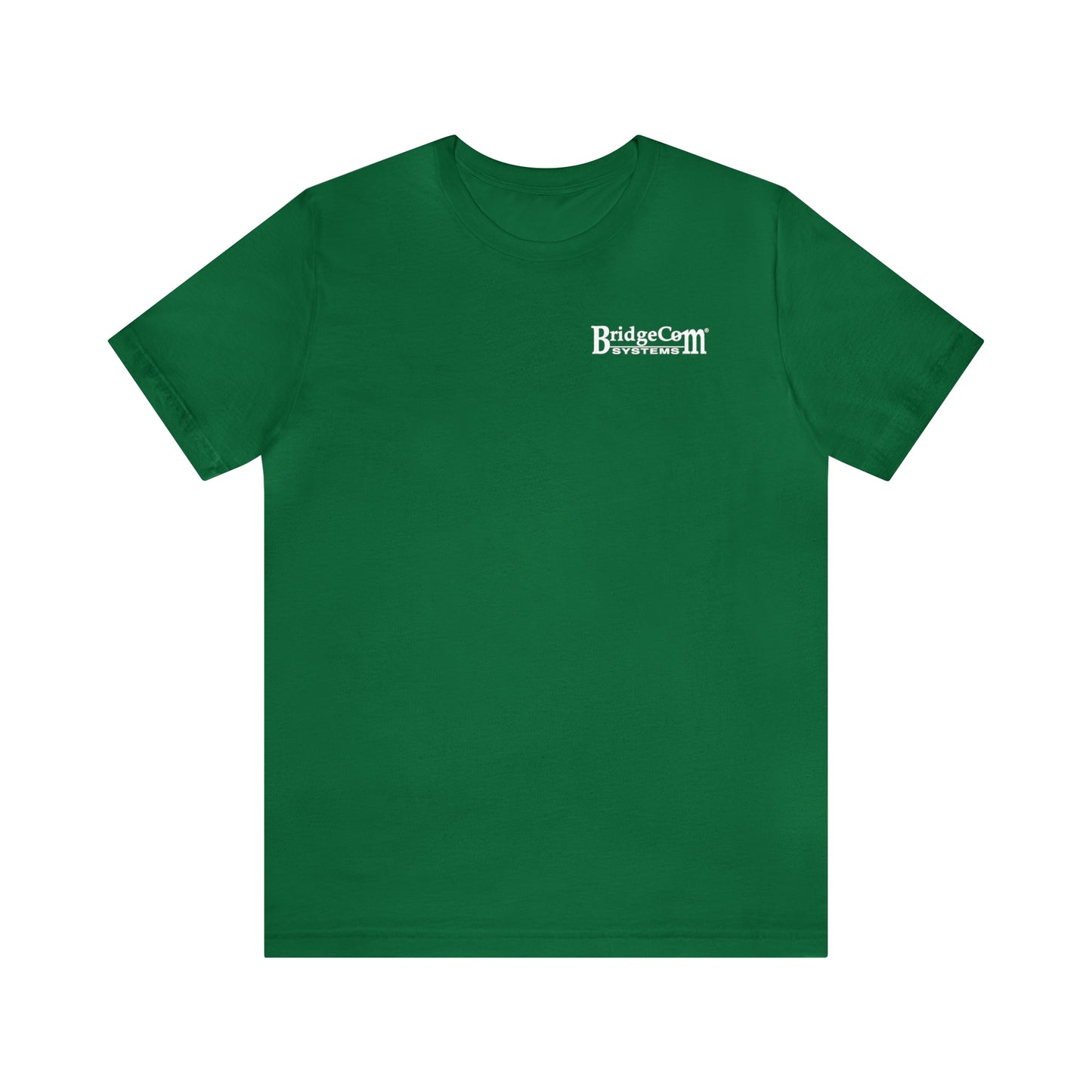 A comfortable Short Sleeve Tee - Small Logo in green, featuring a round neckline and short sleeves. Made of Airlume combed cotton, this casual wear T-shirt showcases the "BridgeCom Bivvfetus III" text printed in white on the left side of the chest. Ideal for communication events and everyday use, this BridgeCom Systems logo shirt has a simple yet stylish design.