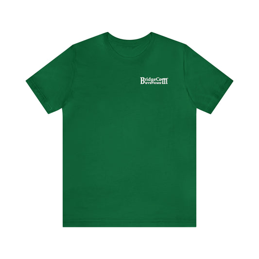 A comfortable Short Sleeve Tee - Small Logo in green, featuring a round neckline and short sleeves. Made of Airlume combed cotton, this casual wear T-shirt showcases the "BridgeCom Bivvfetus III" text printed in white on the left side of the chest. Ideal for communication events and everyday use, this BridgeCom Systems logo shirt has a simple yet stylish design.