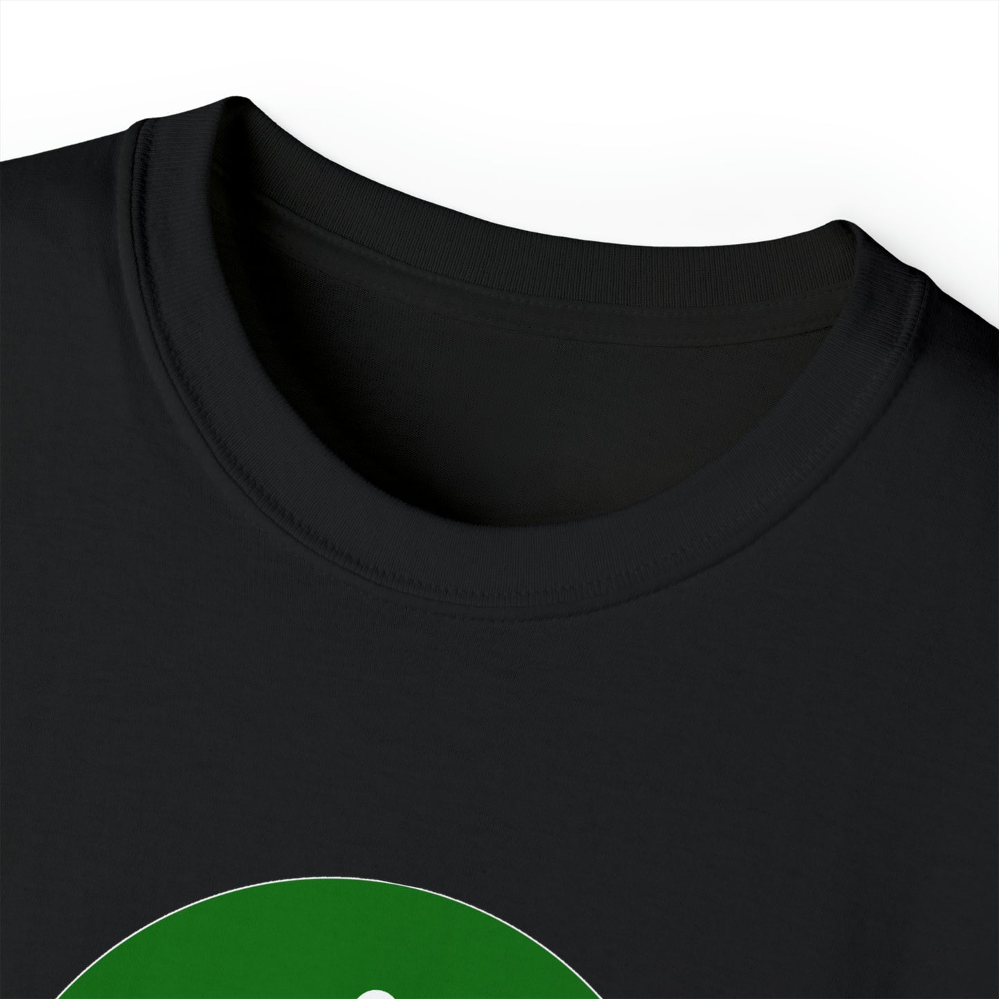 A close-up of the collar and upper part of a black Unisex Ultra Cotton Tee, featuring a partial view of a large green graphic on the front. The image highlights the fabric texture and stitching around the collar and neckline, showcasing quality that resonates with amateur radio enthusiasts.