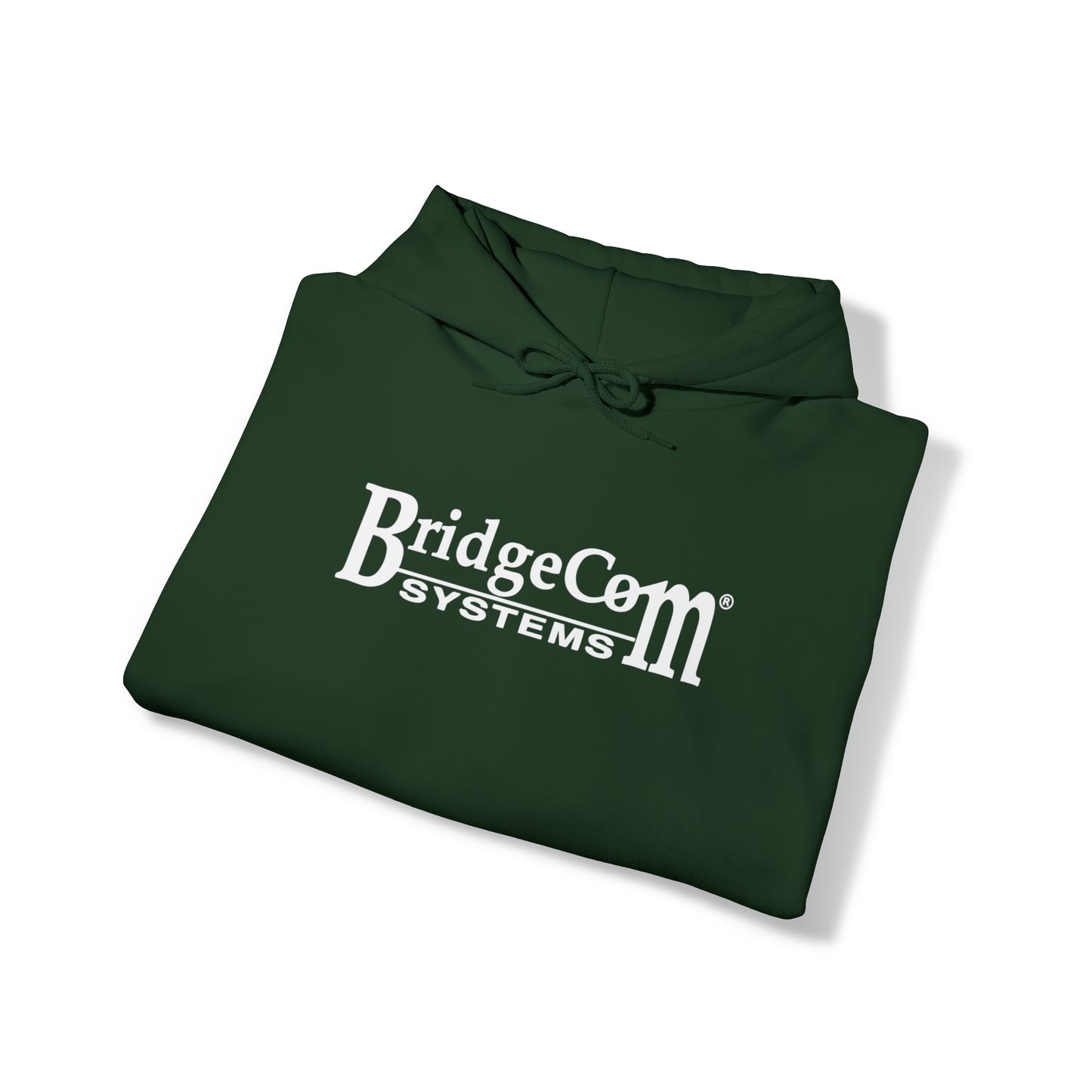 A neatly folded dark green Unisex Heavy Blend™ Hooded Sweatshirt from BridgeCom Systems, featuring the logo printed in white on the front. Made from a 50/50 cotton-polyester blend, this hoodie includes a drawstring on the hood and is perfect for amateur radio enthusiasts.