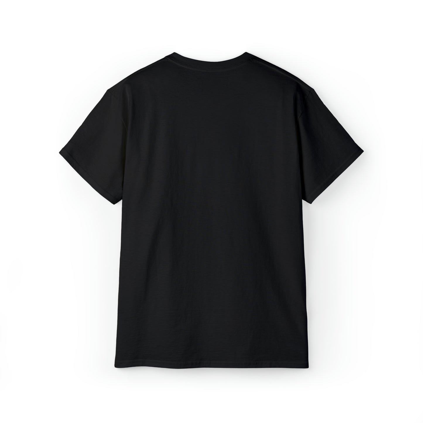 Displayed on a white background, the Unisex Ultra Cotton Tee from BridgeCom Systems is shown from the back, featuring short sleeves and a crew neckline. This plain black t-shirt boasts a simple design with no visible logos, patterns, or designs. It's perfect for casual outings or amateur radio enthusiasts.