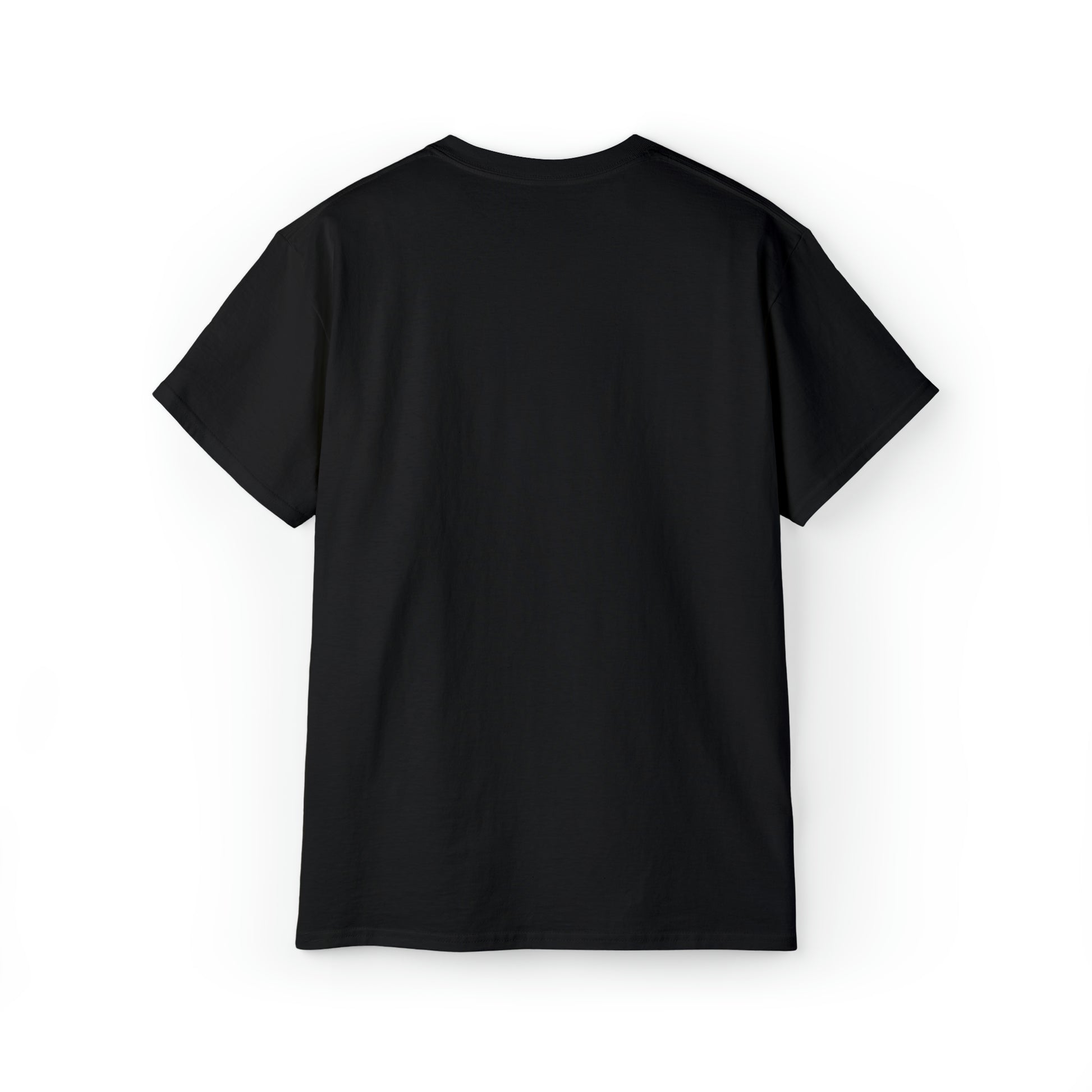 Displayed on a white background, the Unisex Ultra Cotton Tee from BridgeCom Systems is shown from the back, featuring short sleeves and a crew neckline. This plain black t-shirt boasts a simple design with no visible logos, patterns, or designs. It's perfect for casual outings or amateur radio enthusiasts.