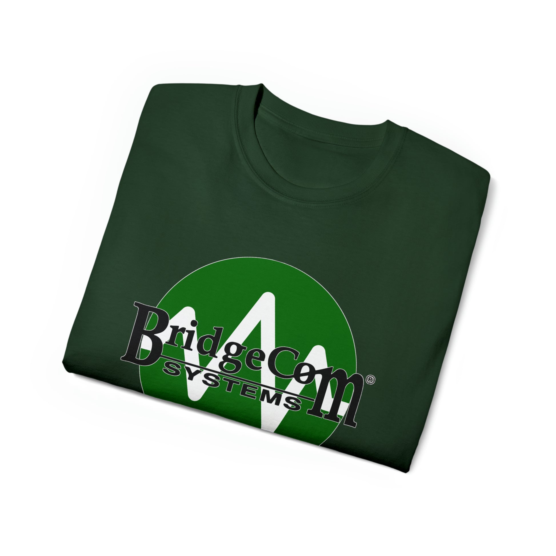 A folded dark green Unisex Ultra Cotton Tee featuring a circular green and white logo in the center that reads "BridgeCom Systems" in black text. The logo includes a stylized soundwave graphic, making it ideal for amateur radio enthusiasts. The shirt is neatly arranged on a white background.