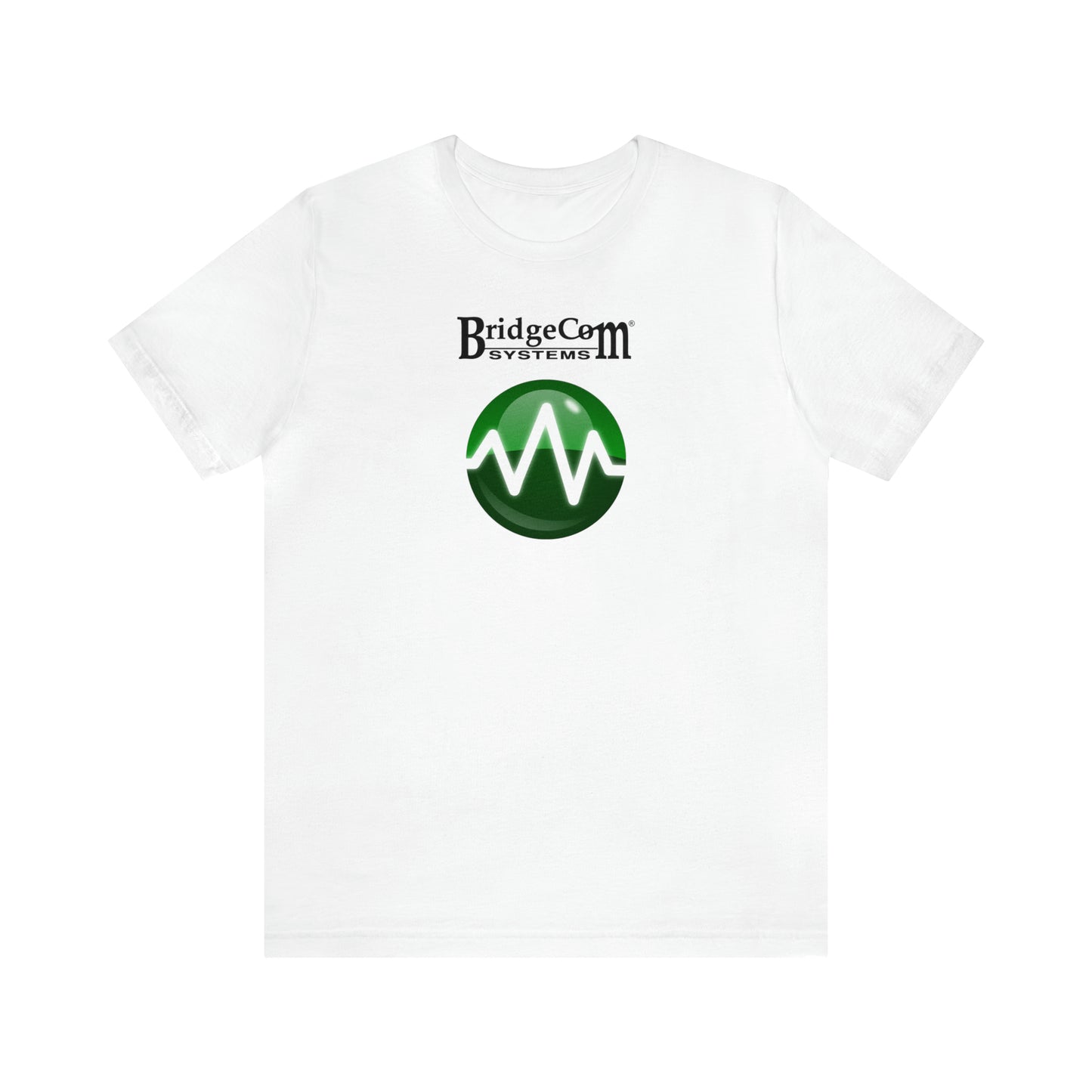The Unisex Short Sleeve BridgeCom Tee - Alternate Logo features "BridgeCom Systems" text above a green circular logo with a white wave design in the center, all on a white shirt made from premium Airlume cotton. The shirt is displayed against a plain white background.