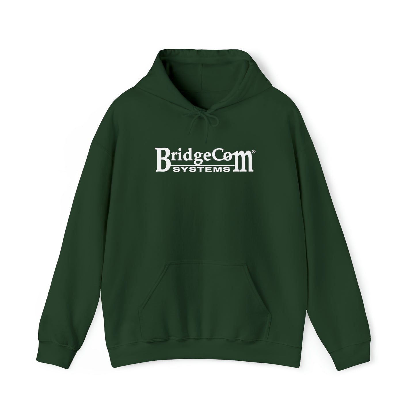 A dark green Unisex Heavy Blend™ Hooded Sweatshirt made from a 50/50 cotton-polyester blend, featuring the text "BridgeCom Systems" printed in white on the front. This BridgeCom Systems hoodie includes a front pocket and drawstrings at the hood, making it perfect for amateur radio enthusiasts.