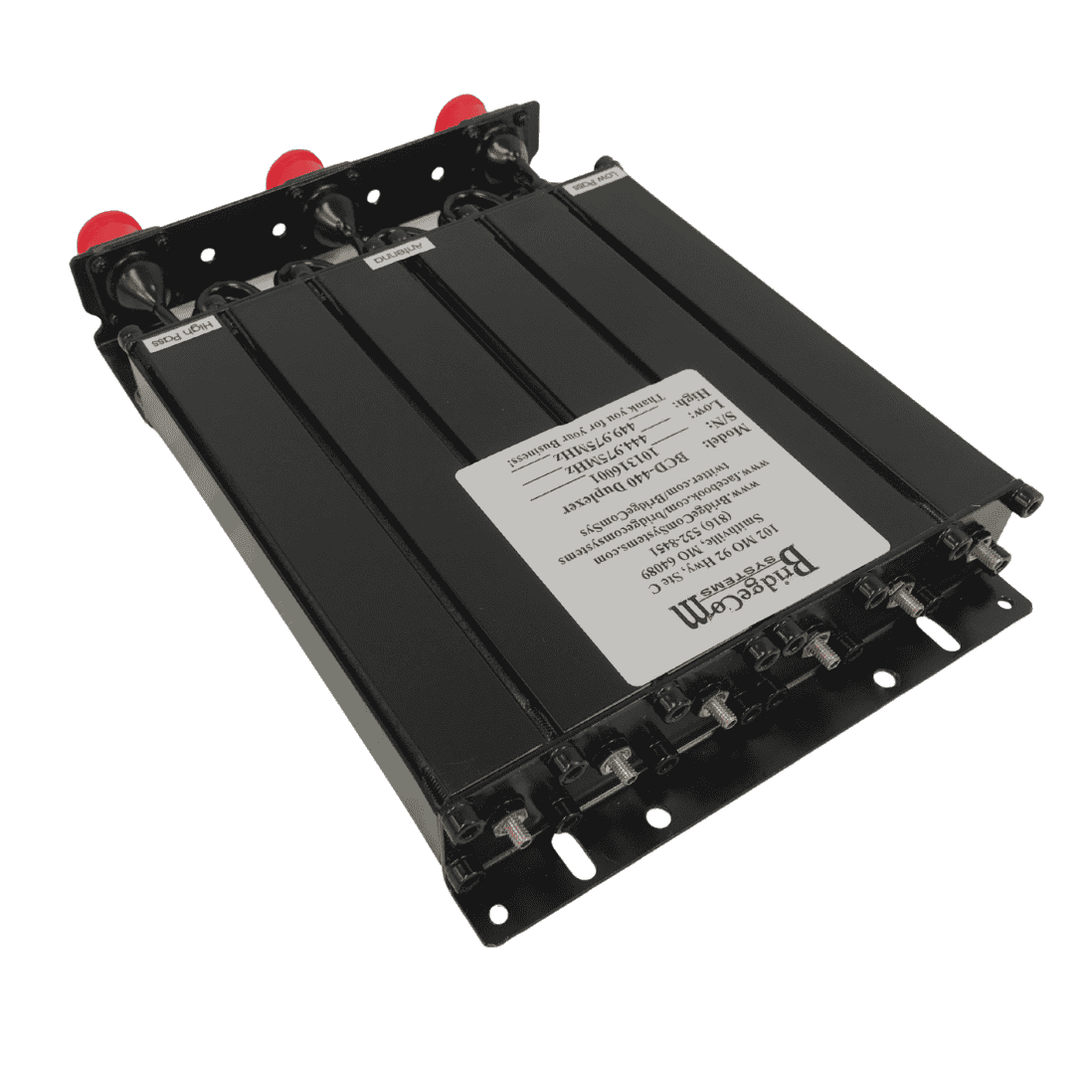 The BCD-440 UHF Mobile-Type Duplexer is a black, rectangular unit with four parallel cylindrical modules, labeled connections, and red-capped terminals—ideal for amateur repeater use; identification label on top.