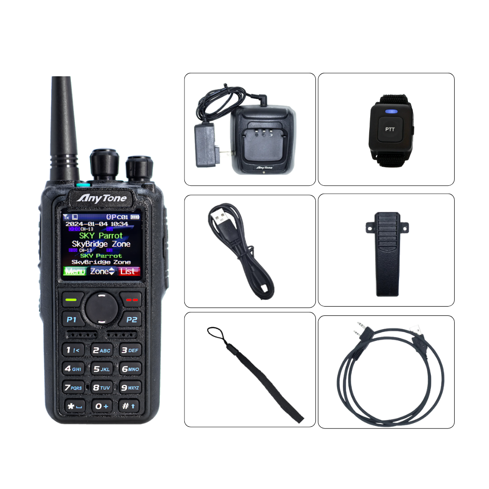 The Ultimate Hamshack Pack with $291 in Training Course FREE is shown with its accessories—charging dock, wrist PTT button, USB cable, belt clip, lanyard, and audio cable—all neatly organized in separate compartments.