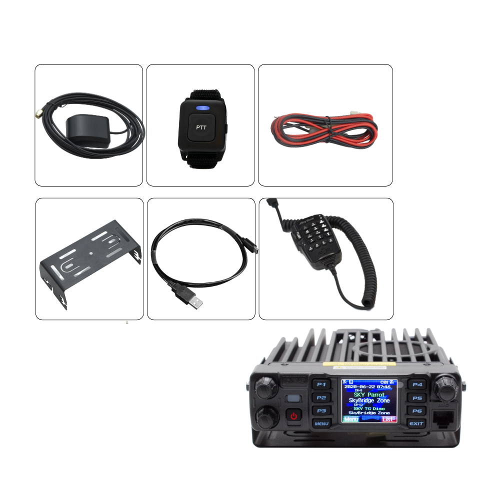 The AnyTone 578UVIII PLUS Tri-Band Mobile Radio supports DMR and analog communication and includes a digital display for frequency/settings, along with accessories like a coiled microphone, cables, mounting bracket, PTT button, plus a FREE $97 training course.