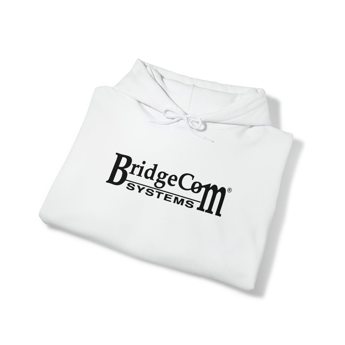 A white Unisex Heavy Blend™ Hooded Sweatshirt by BridgeCom Systems showcases "BridgeCom Systems" in bold black text on the front. This neatly folded, 50/50 cotton-polyester blend hoodie features tucked-under sleeves to prominently display the logo—perfect for any amateur radio enthusiast.