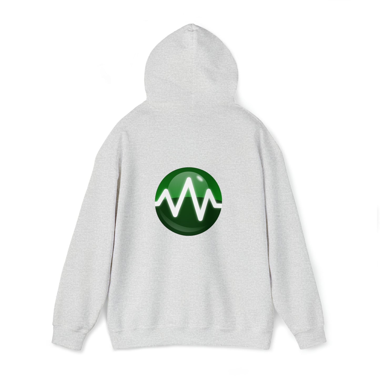 A light gray Unisex Heavy Blend™ Hooded Sweatshirt from BridgeCom Systems, made from a 50/50 cotton-polyester blend, features a large green circular logo on the back with a white waveform design in the center—a perfect choice for amateur radio enthusiasts.