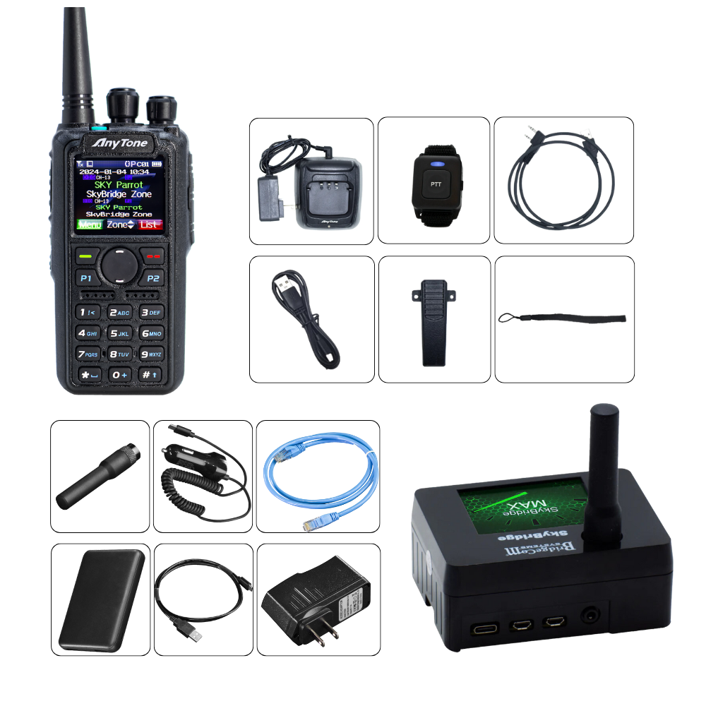 The AnyTone 878 - SkyBridge Max Webinar Plug-n-Play Package Offer includes essential radio communication equipment: a handheld radio, USB-C rechargeable battery, charger, wrist strap, cables, battery pack, and a compact black box with an antenna for dual-band digital hotspot functionality.