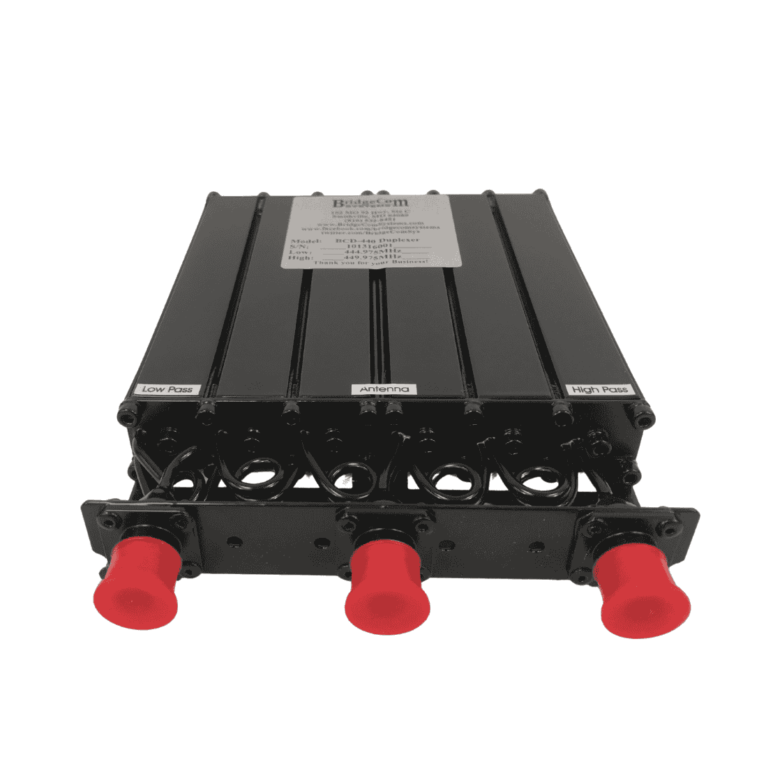 The BCD-440 UHF Mobile-Type Duplexer is a black electronic device with four sections labeled “Low Pass,” “Antenna,” and “High Pass,” featuring three red-capped connectors on the front—ideal for amateur repeater setups.