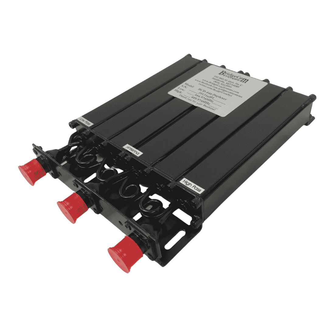 The BCD-440 UHF Mobile-Type Duplexer is a black rectangular electronic device featuring three red-capped ports on one side and a silver information plate on top, designed for mobile or industrial duplexing applications.