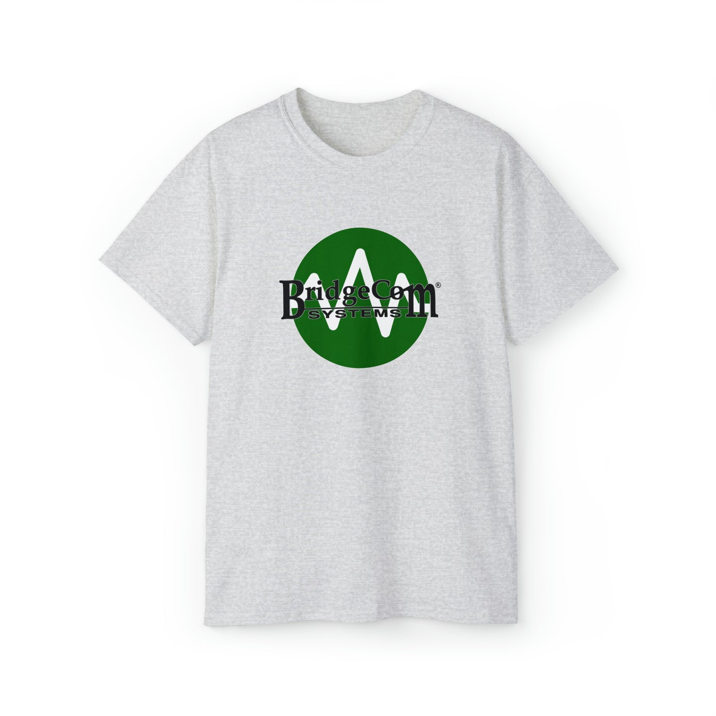 A light gray Unisex Ultra Cotton Tee with a green circle logo in the center features the black text "BridgeCom Systems" overlaying it. This Wave Logo T-Shirt, perfect for amateur radio enthusiasts, is displayed on a plain white background.