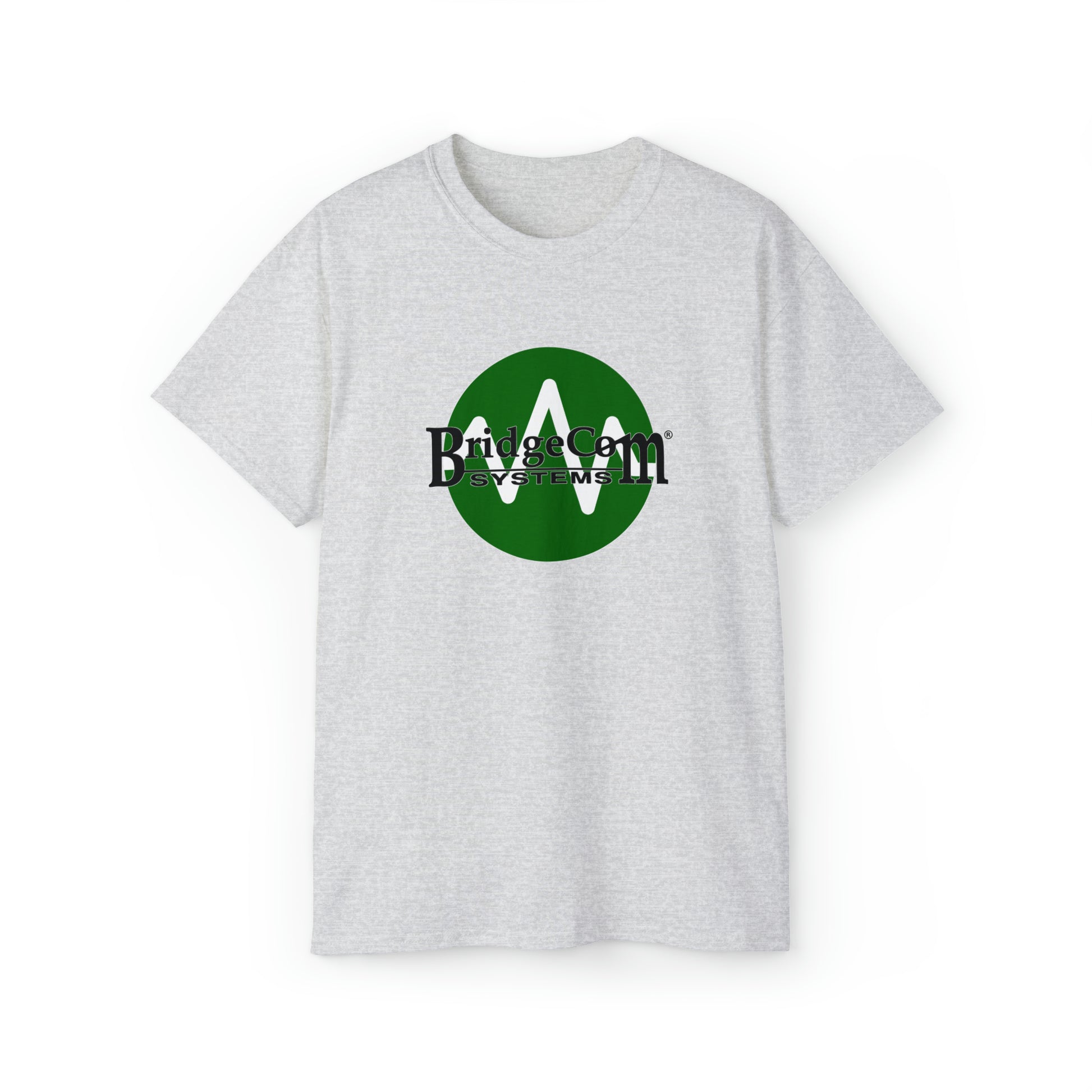 A light gray Unisex Ultra Cotton Tee with a green circle logo in the center features the black text "BridgeCom Systems" overlaying it. This Wave Logo T-Shirt, perfect for amateur radio enthusiasts, is displayed on a plain white background.