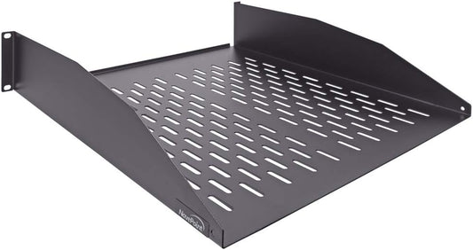 The NavePoint 2U 19-Inch Universal Vented Rack Mount Cantilever Server Cabinet Shelf, 18 inches deep with a lip and slotted surface, is ideal for mounting in a server rack or organizing ham radio equipment efficiently.