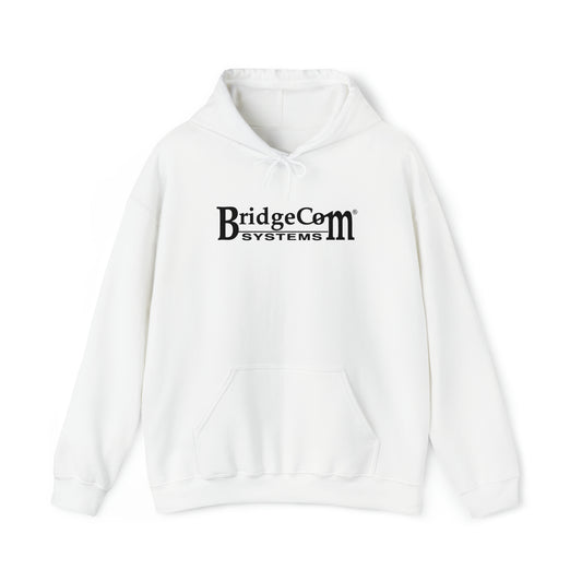 A white Unisex Heavy Blend™ Hooded Sweatshirt from BridgeCom Systems featuring a convenient front pocket and the text "BridgeCom Systems" printed in bold black across the chest. Crafted from a 50/50 cotton-polyester blend, this comfortable and stylish sweatshirt is perfect for amateur radio enthusiasts.