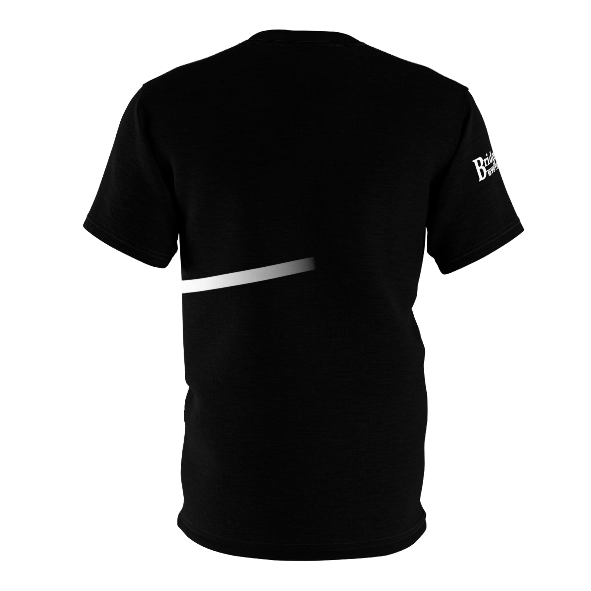 A black short-sleeve T-shirt is shown from the back. A white diagonal stripe runs horizontally across the lower part, complementing the minimalist design. The "The Big Bang Theory" logo on the left sleeve adds a touch of flair. Perfect for amateur radio operators and fans alike, this BridgeCom Unisex Tee - Alternate Logo stands out for its simplicity.