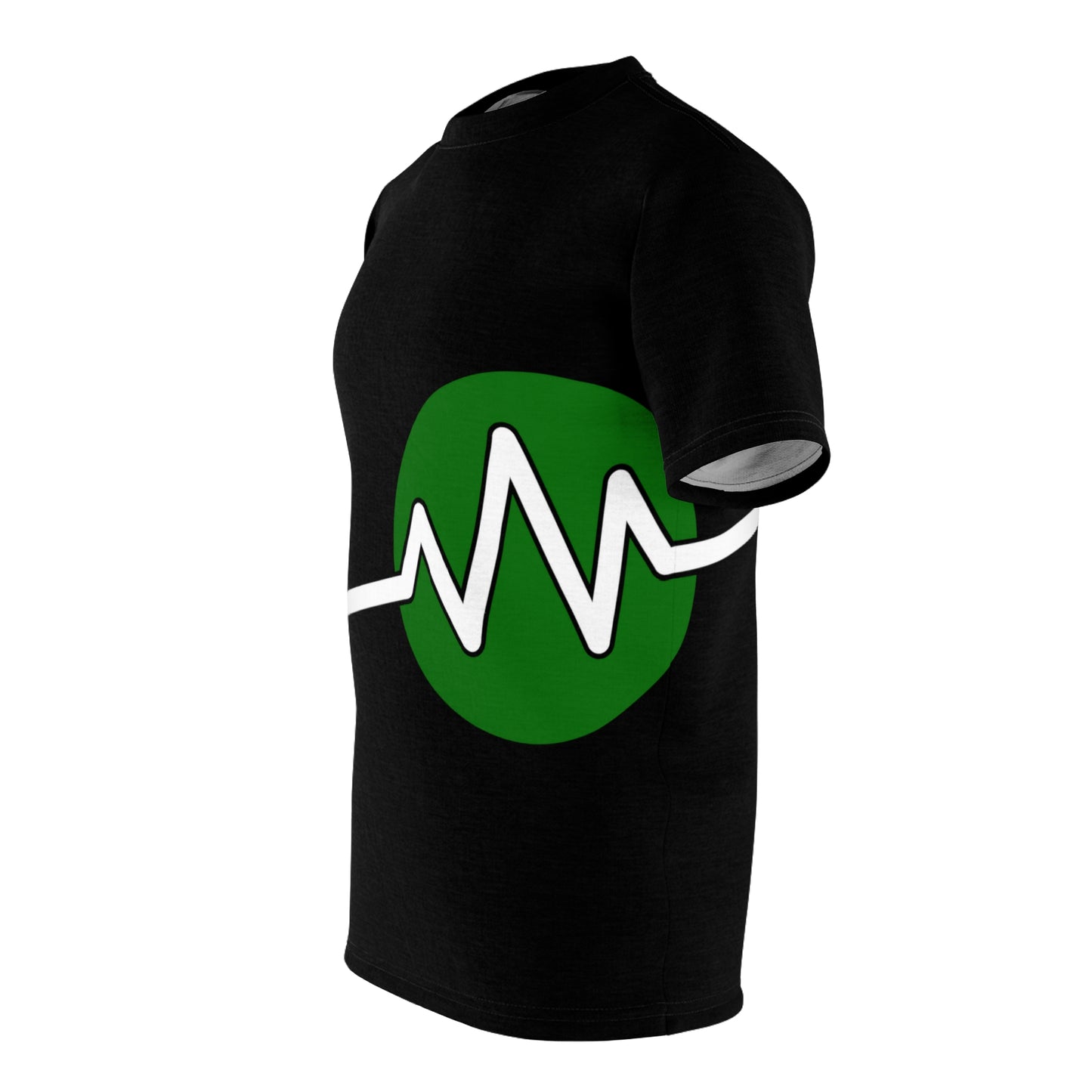 Side profile of the black BridgeCom Unisex Tee - Alternate Logo featuring a large green circle with a white heartbeat line design across the front. This t-shirt has short sleeves and appears to be made of a soft, comfortable material, perfect for BridgeCom Systems or amateur radio operators.